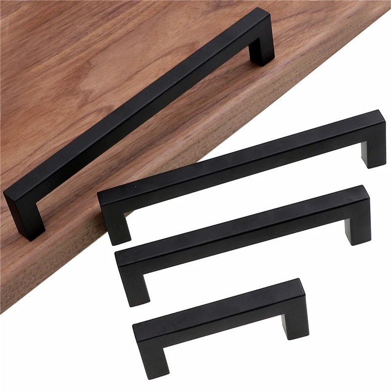 Modern Black Cabinet Handle Square Furniture Hardware Stainless Steel Kitchen Door Knobs Cupboard Wardrobe Drawer Pulls
