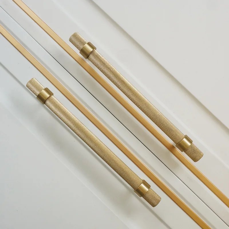 Long Knurled Handle Kitchen Cabinet Door Handles Drawer Pulls Solid Brass T Bar Bedroom Knobs Wardrobe Decor Furniture Hardware
