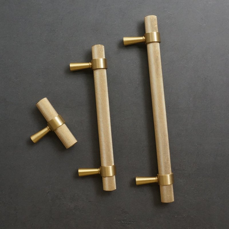 Long Knurled Handle Kitchen Cabinet Door Handles Drawer Pulls Solid Brass T Bar Bedroom Knobs Wardrobe Decor Furniture Hardware
