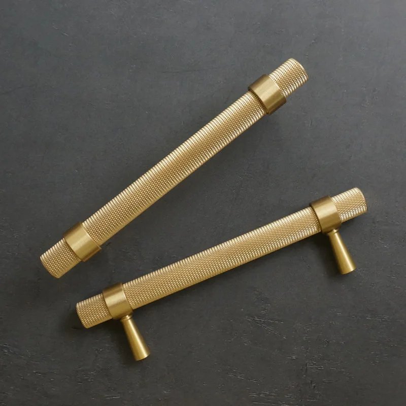 Long Knurled Handle Kitchen Cabinet Door Handles Drawer Pulls Solid Brass T Bar Bedroom Knobs Wardrobe Decor Furniture Hardware
