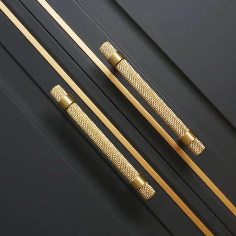 Long Knurled Handle Kitchen Cabinet Door Handles Drawer Pulls Solid Brass T Bar Bedroom Knobs Wardrobe Decor Furniture Hardware