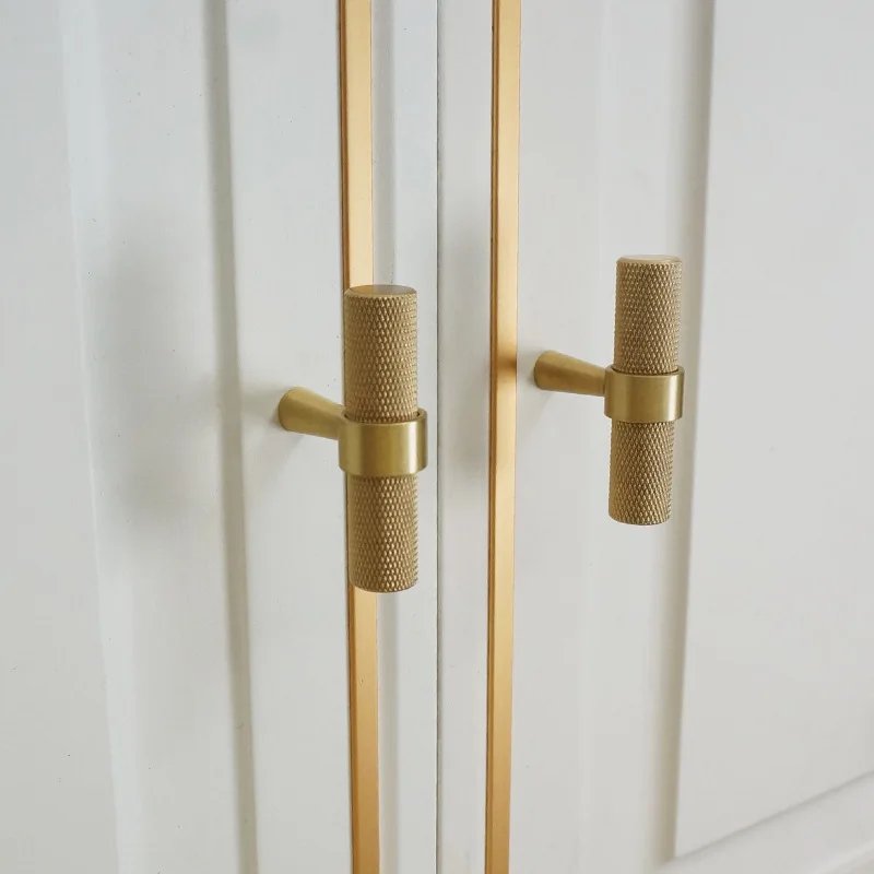 Long Knurled Handle Kitchen Cabinet Door Handles Drawer Pulls Solid Brass T Bar Bedroom Knobs Wardrobe Decor Furniture Hardware