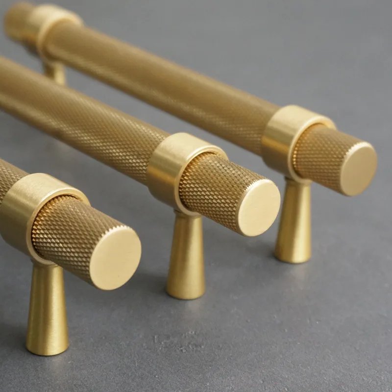 Long Knurled Handle Kitchen Cabinet Door Handles Drawer Pulls Solid Brass T Bar Bedroom Knobs Wardrobe Decor Furniture Hardware