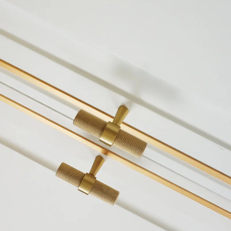 Long Knurled Handle Kitchen Cabinet Door Handles Drawer Pulls Solid Brass T Bar Bedroom Knobs Wardrobe Decor Furniture Hardware