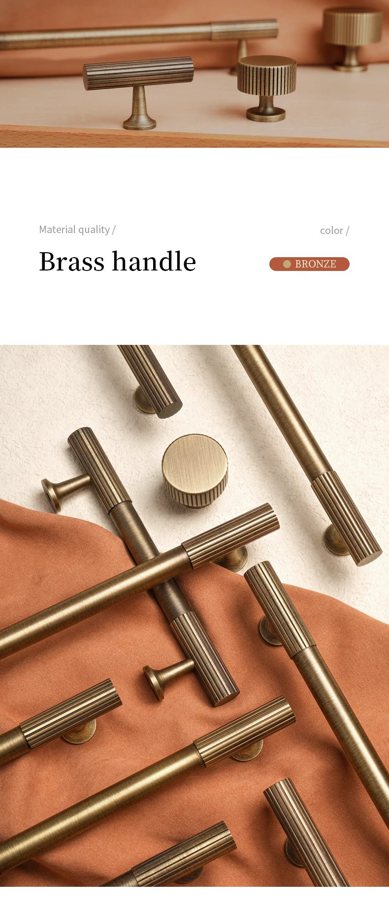 Solid Brass Handles Knitted Ribbed Bedroom Wardrobes Kitchen Cabinet Long Pulls Bronze T-bar Drawers Knobs Door Hardware