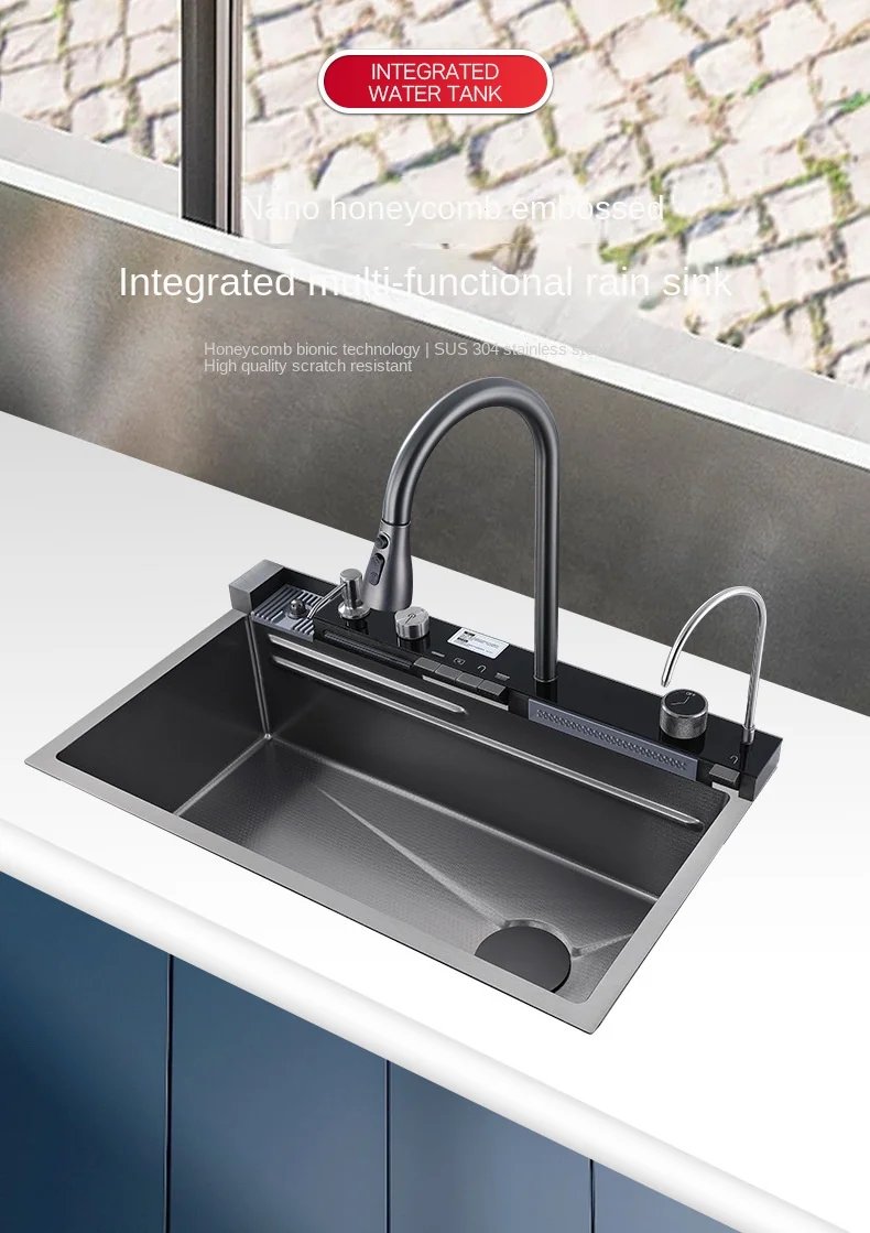 304 Stainless Steel Waterfall Kitchen Sink Large Single Slot Integrated Digital Display Faucet Set Soap Dispenser Cup Washer