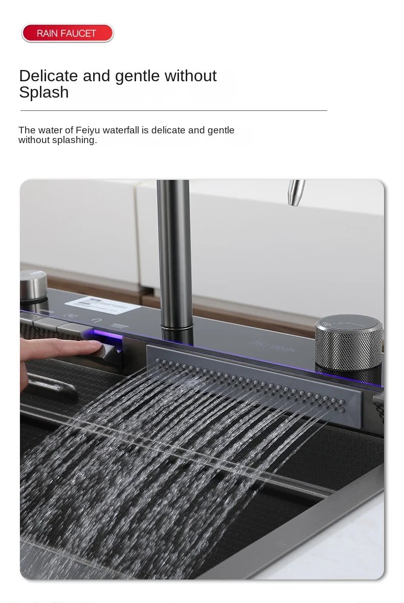 304 Stainless Steel Waterfall Kitchen Sink Large Single Slot Integrated Digital Display Faucet Set Soap Dispenser Cup Washer