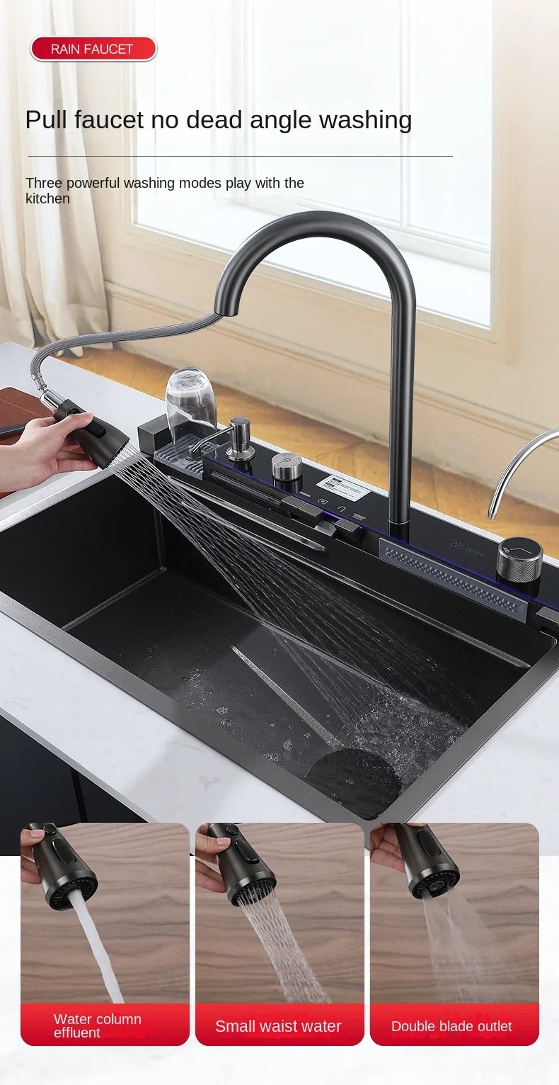 304 Stainless Steel Waterfall Kitchen Sink Large Single Slot Integrated Digital Display Faucet Set Soap Dispenser Cup Washer