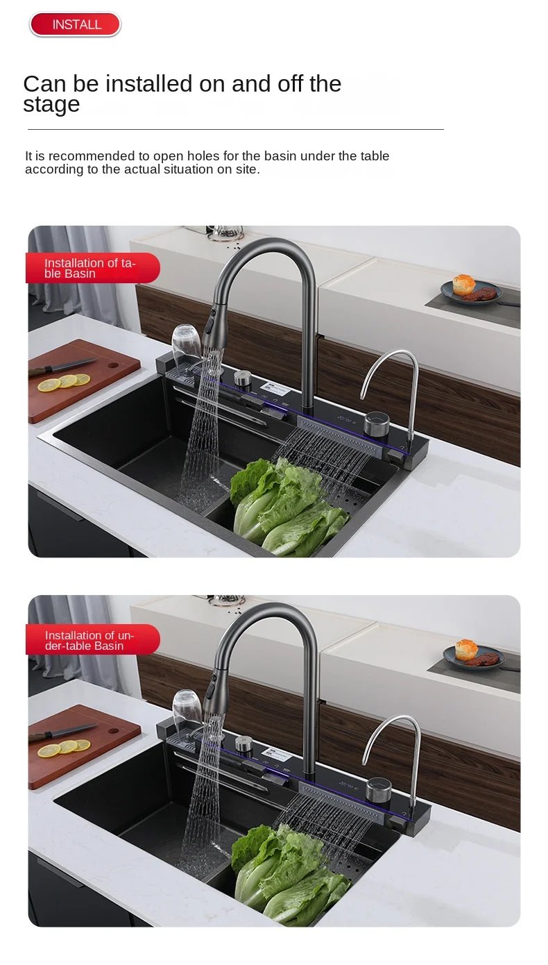 304 Stainless Steel Waterfall Kitchen Sink Large Single Slot Integrated Digital Display Faucet Set Soap Dispenser Cup Washer