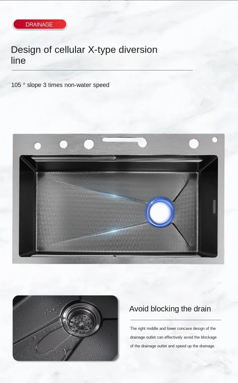 304 Stainless Steel Waterfall Kitchen Sink Large Single Slot Integrated Digital Display Faucet Set Soap Dispenser Cup Washer