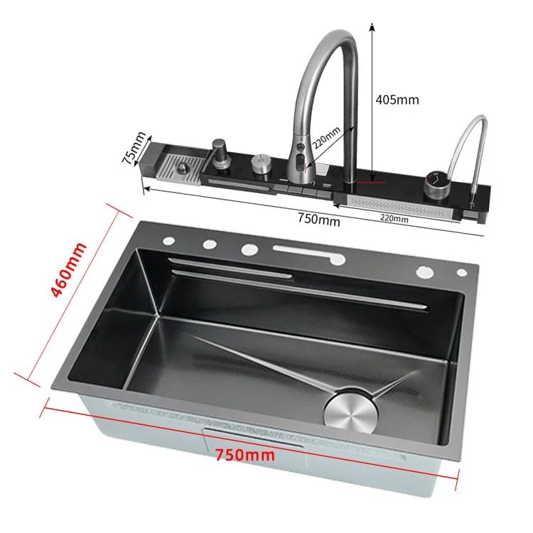 304 Stainless Steel Waterfall Kitchen Sink Large Single Slot Integrated Digital Display Faucet Set Soap Dispenser Cup Washer 304 Stainless Steel Waterfall Kitchen Sink Large Single Slot Integrated Digital Display Faucet Set Soap Dispenser Cup Washer