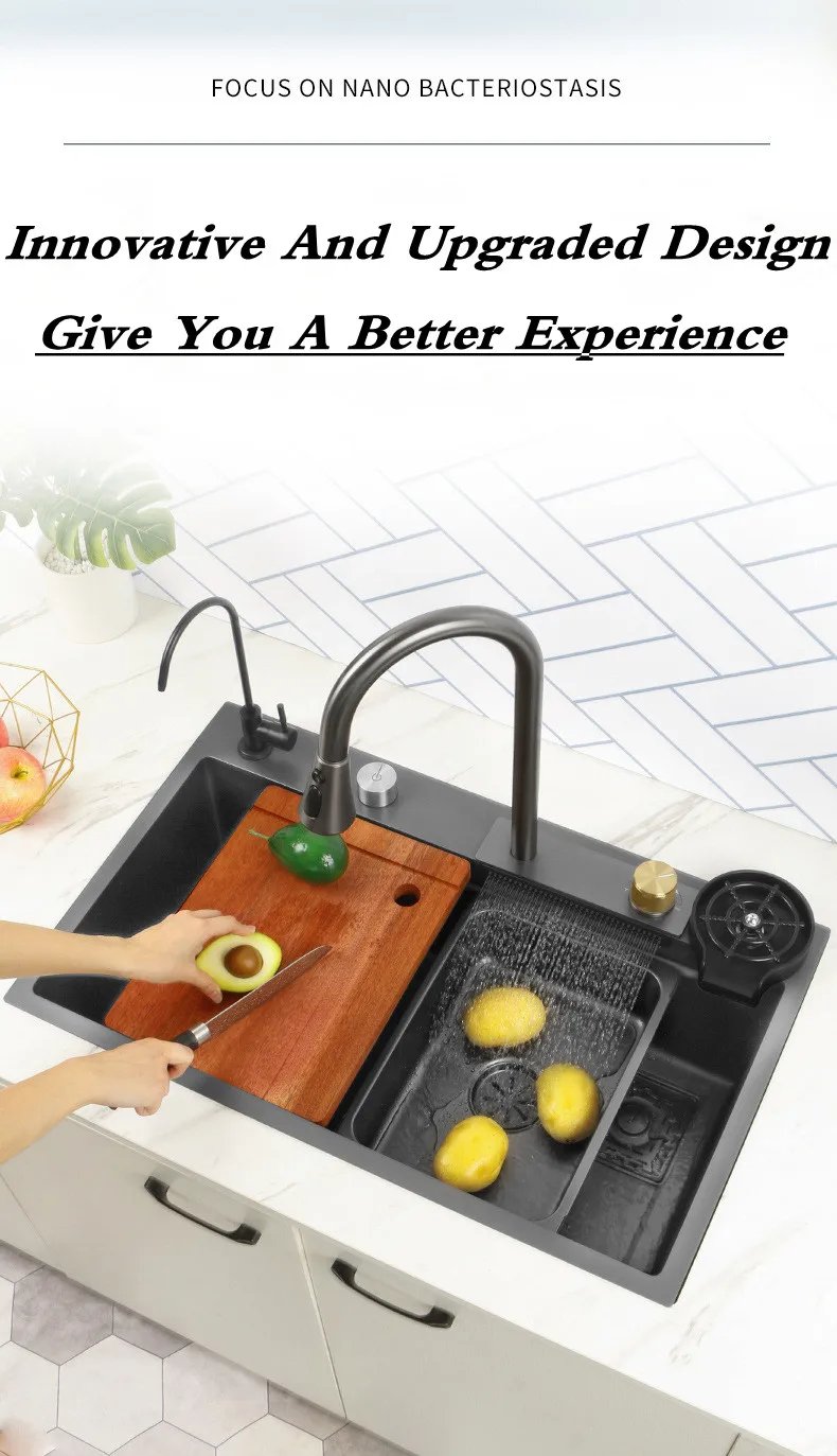 304 Stainless Steel Waterfall Kitchen Sink Pull type faucet Single Slot High Pressure Cup Washer Coffee Shop Wine Bar Sink 304 Stainless Steel Waterfall Kitchen Sink Pull type faucet Single Slot High Pressure Cup Washer Coffee Shop Wine Bar Sink