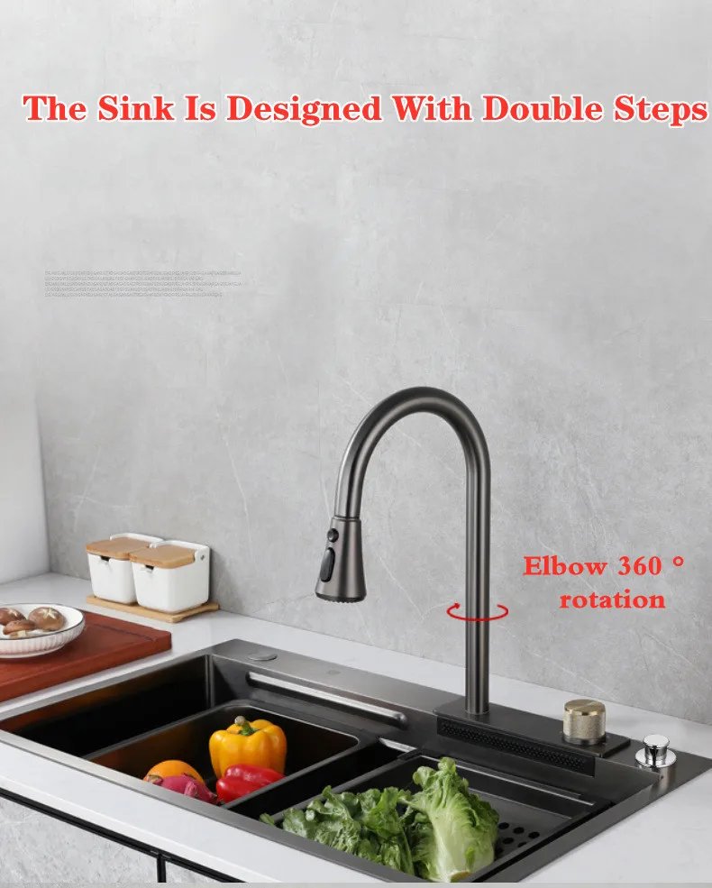 304 Stainless Steel Waterfall Kitchen Sink Pull type faucet Single Slot High Pressure Cup Washer Coffee Shop Wine Bar Sink 304 Stainless Steel Waterfall Kitchen Sink Pull type faucet Single Slot High Pressure Cup Washer Coffee Shop Wine Bar Sink