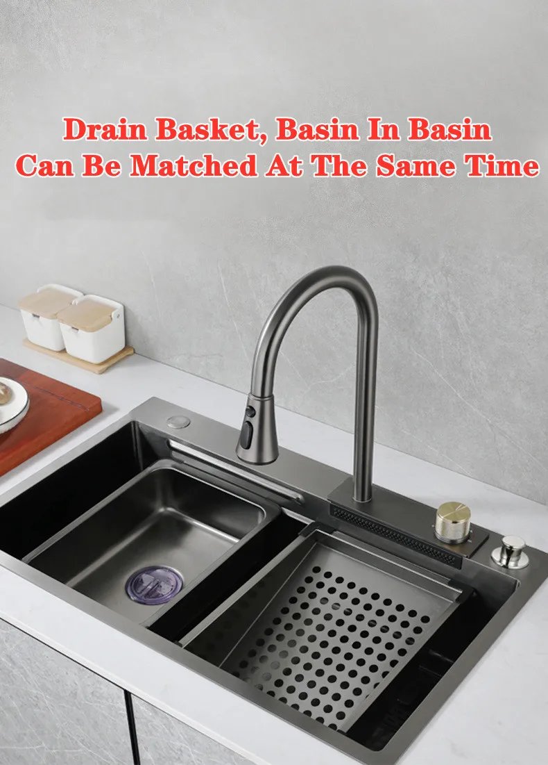 304 Stainless Steel Waterfall Kitchen Sink Pull type faucet Single Slot High Pressure Cup Washer Coffee Shop Wine Bar Sink 304 Stainless Steel Waterfall Kitchen Sink Pull type faucet Single Slot High Pressure Cup Washer Coffee Shop Wine Bar Sink