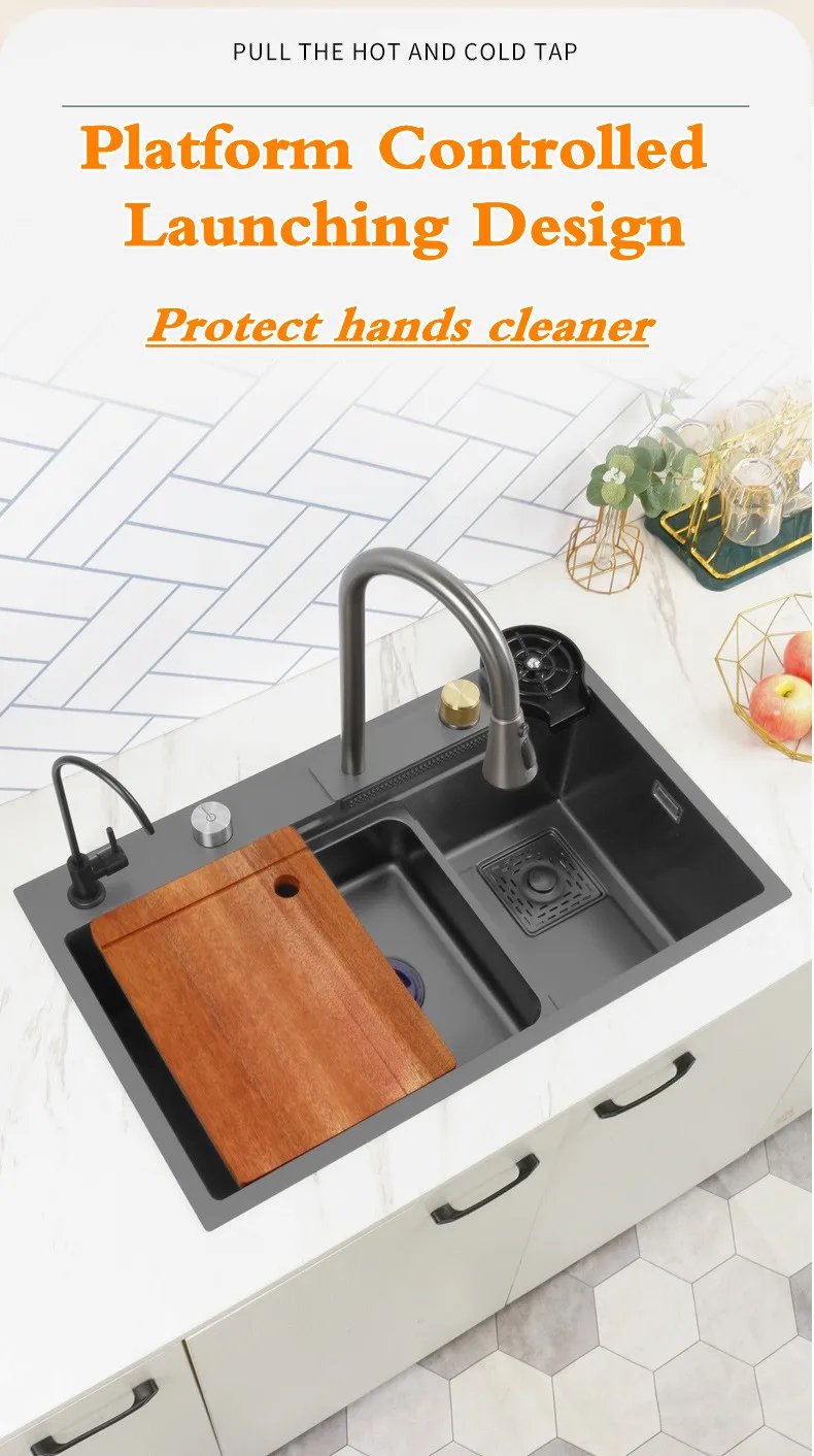 304 Stainless Steel Waterfall Kitchen Sink Pull type faucet Single Slot High Pressure Cup Washer Coffee Shop Wine Bar Sink 304 Stainless Steel Waterfall Kitchen Sink Pull type faucet Single Slot High Pressure Cup Washer Coffee Shop Wine Bar Sink