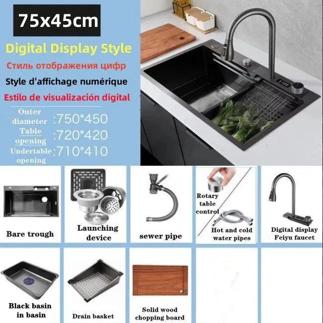 304 Stainless Steel Waterfall Kitchen Sink Pull type faucet Single Slot High Pressure Cup Washer Coffee Shop Wine Bar Sink 304 Stainless Steel Waterfall Kitchen Sink Pull type faucet Single Slot High Pressure Cup Washer Coffee Shop Wine Bar Sink