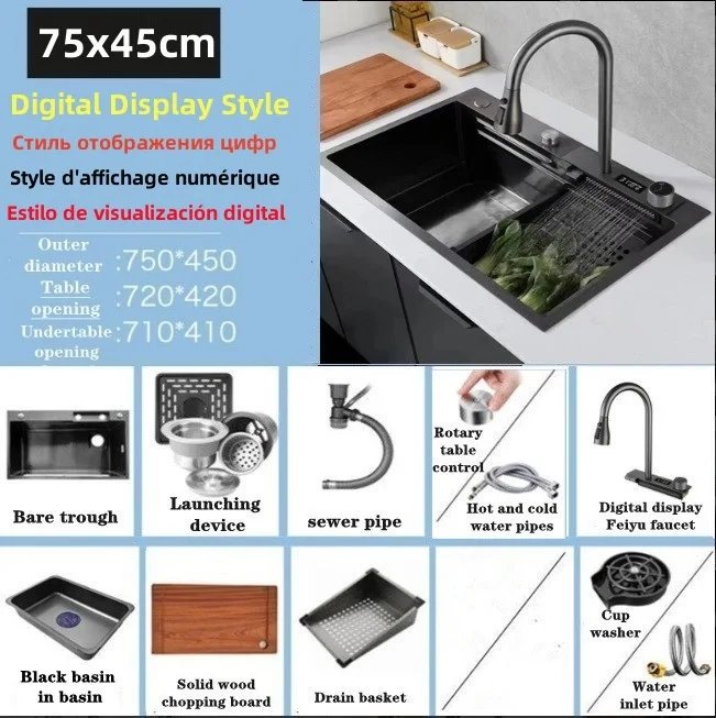 304 Stainless Steel Waterfall Kitchen Sink Pull type faucet Single Slot High Pressure Cup Washer Coffee Shop Wine Bar Sink 304 Stainless Steel Waterfall Kitchen Sink Pull type faucet Single Slot High Pressure Cup Washer Coffee Shop Wine Bar Sink