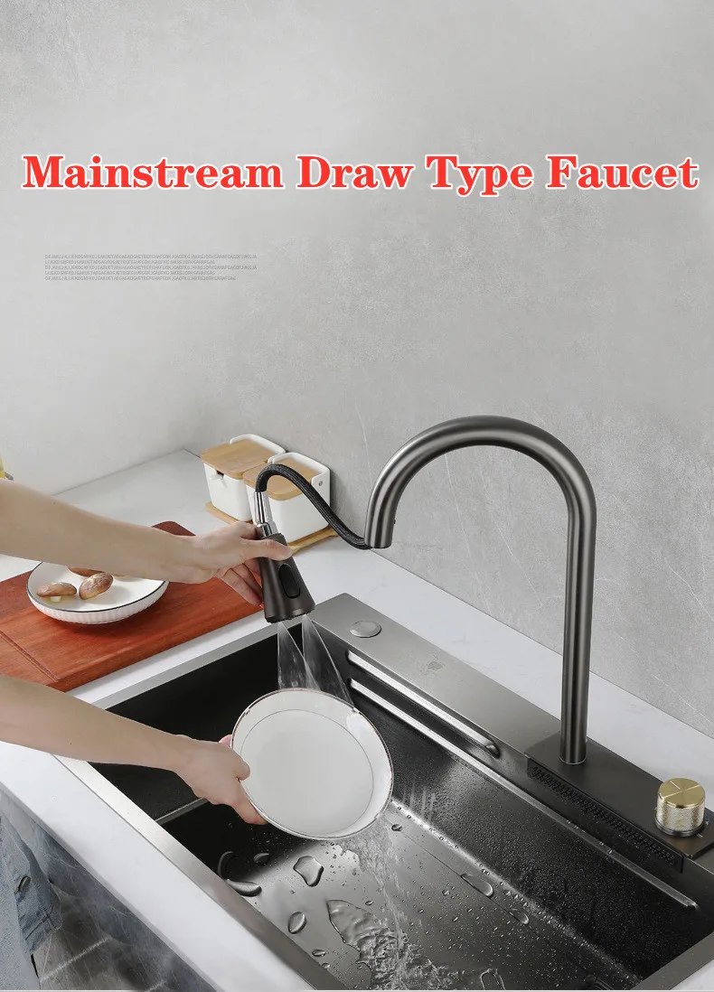304 Stainless Steel Waterfall Kitchen Sink Pull type faucet Single Slot High Pressure Cup Washer Coffee Shop Wine Bar Sink 304 Stainless Steel Waterfall Kitchen Sink Pull type faucet Single Slot High Pressure Cup Washer Coffee Shop Wine Bar Sink