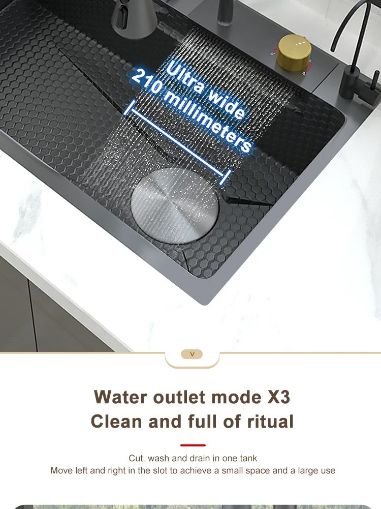 Waterfall Sink Kitchen Stainless Steel Topmount Sink Embossed Large Single Slot Wash Basin With Multifunction Tank Low Price