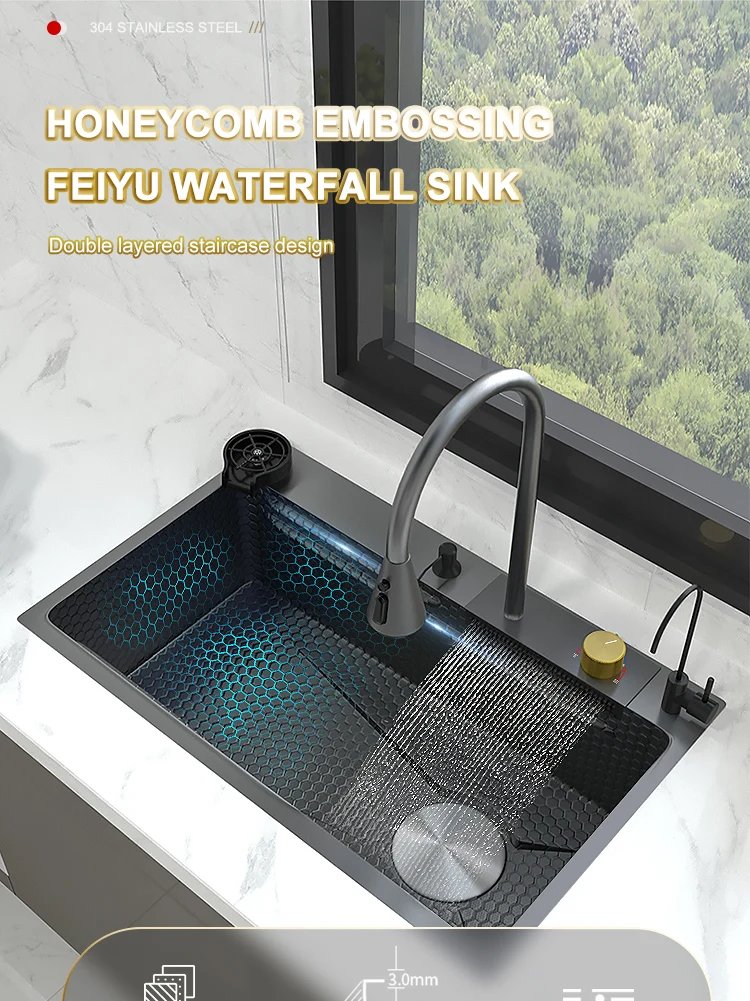 Waterfall Sink Kitchen Stainless Steel Topmount Sink Embossed Large Single Slot Wash Basin With Multifunction Tank Low Price