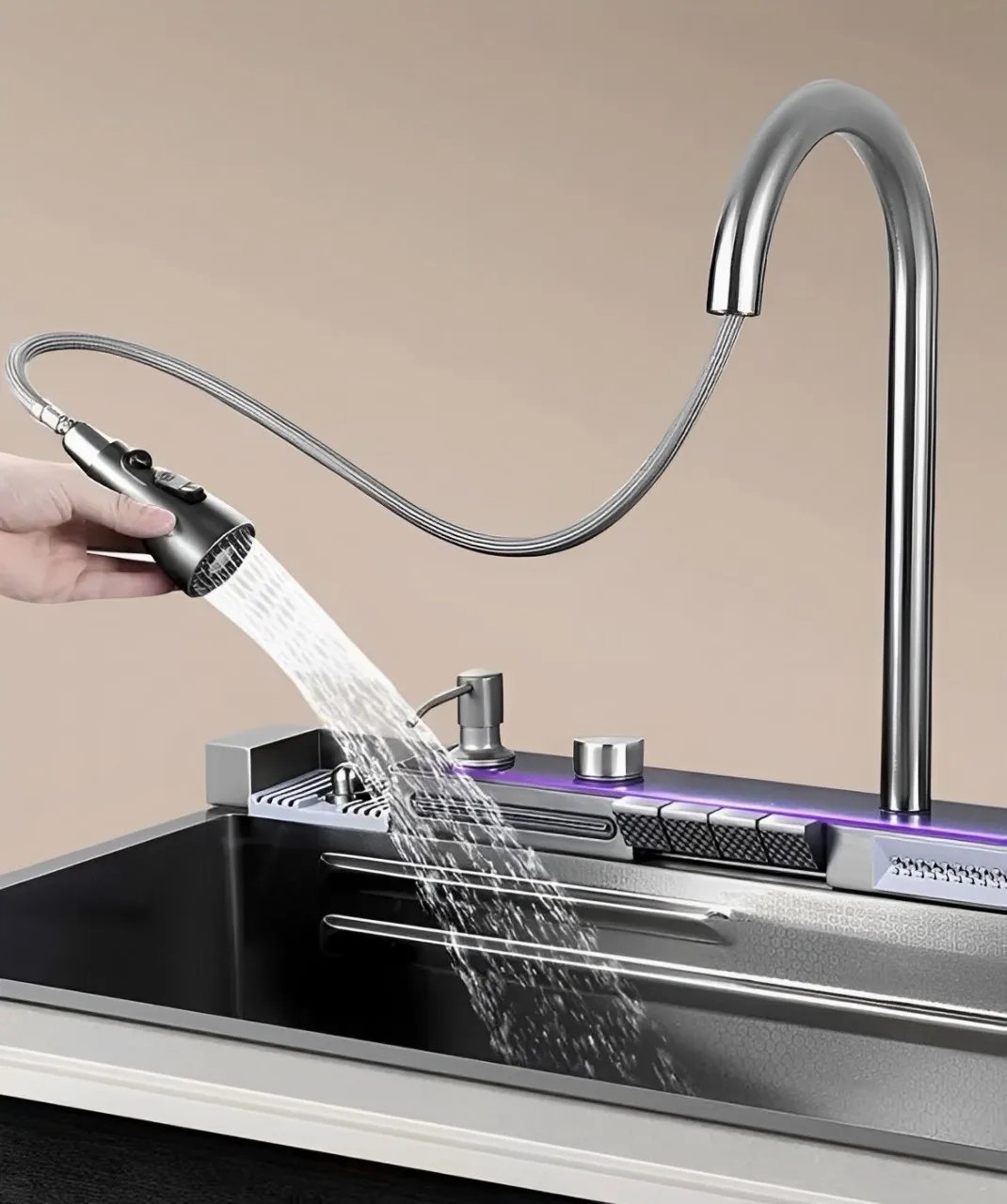 Kitchen sink, stainless steel large single groove, multifunctional flying fish waterfall faucet, the lowest price