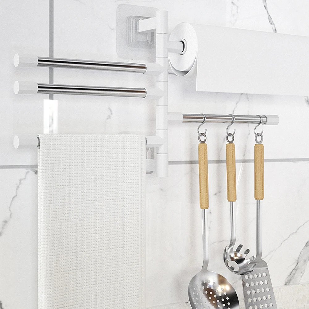 Punch-Free Bathroom Bath Towel Holder Multi-Bar Wall Mounted Rotating Towel Rack Cabinet Door Back Kitchen Toolhanger Shelf Rack