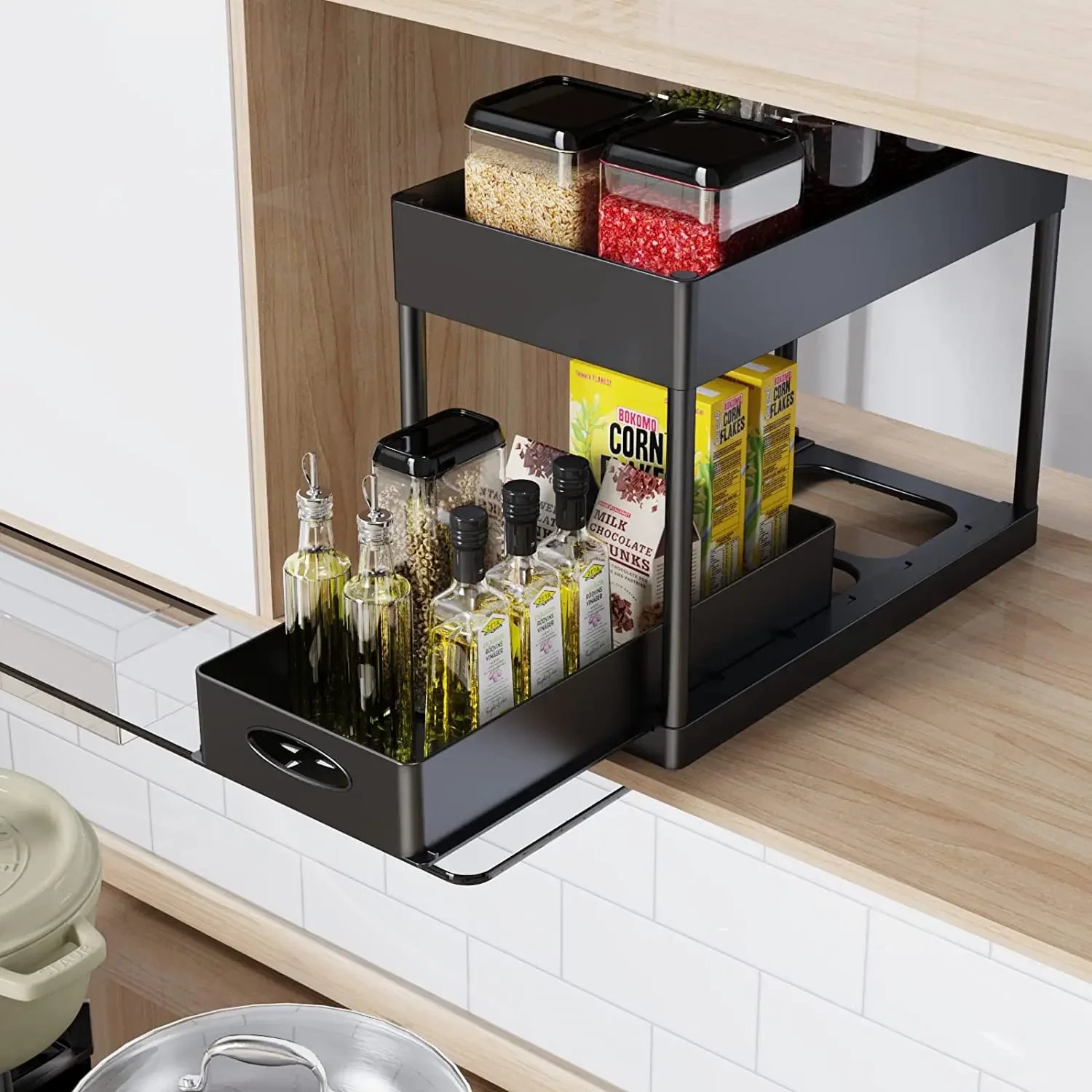 2 Tier Under Sink Organizer Sliding Cabinet Basket Organizer Storage Rack with Hooks Hanging Cup Bathroom Kitchen Organizer