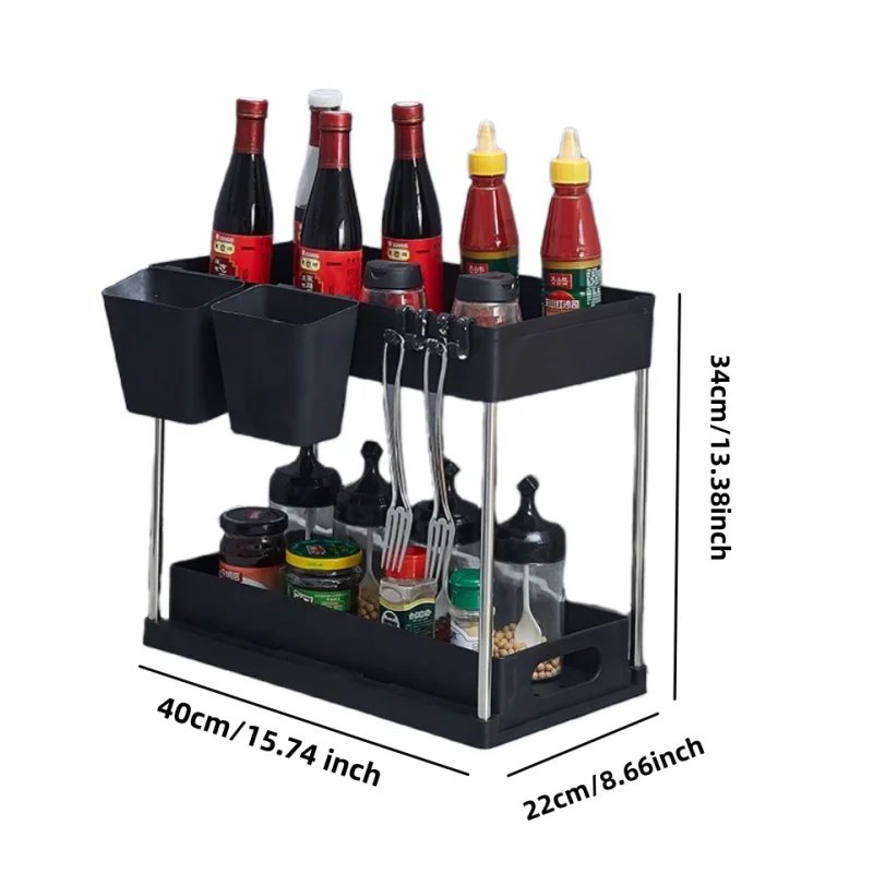 2 Tier Under Sink Organizer Sliding Cabinet Basket Organizer Storage Rack with Hooks Hanging Cup Bathroom Kitchen Organizer