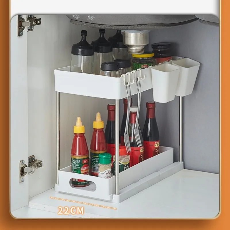2 Tier Under Sink Organizer Sliding Cabinet Basket Organizer Storage Rack with Hooks Hanging Cup Bathroom Kitchen Organizer