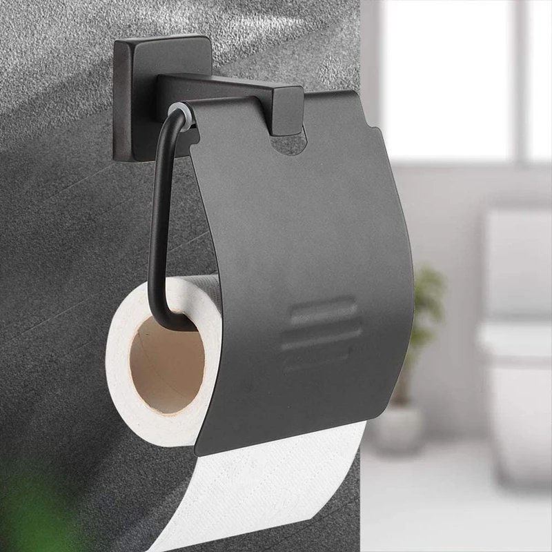 Toilet Paper Holder Paper Towel Roll Rack Tissue Hanger Shelf Wall Mount Perforated Bathroom Hardware Accessories, Black