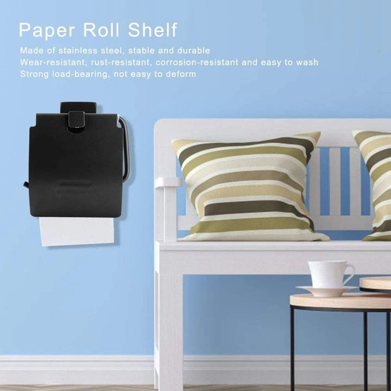 Toilet Paper Holder Paper Towel Roll Rack Tissue Hanger Shelf Wall Mount Perforated Bathroom Hardware Accessories, Black