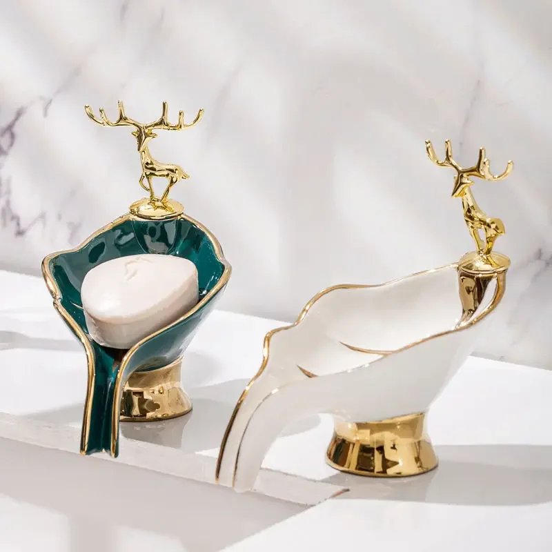 Luxury Gold Deer Ceramic Soap Dish Holder Drain Portable Home Bathroom Hotel Soap Box Tray Bathroom Accessories Crafts Luxury Gold Deer Ceramic Soap Dish Holder Drain Portable Home Bathroom Hotel Soap Box Tray Bathroom Accessories Crafts
