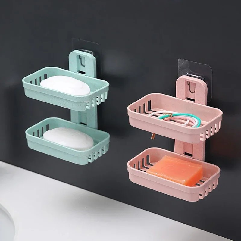 Wall Mounted Double Layer Soap Dish Holder Punch-Free Drawer Draining Holder Kitchen Sponge Storage Box Bathroom Organizer Rack