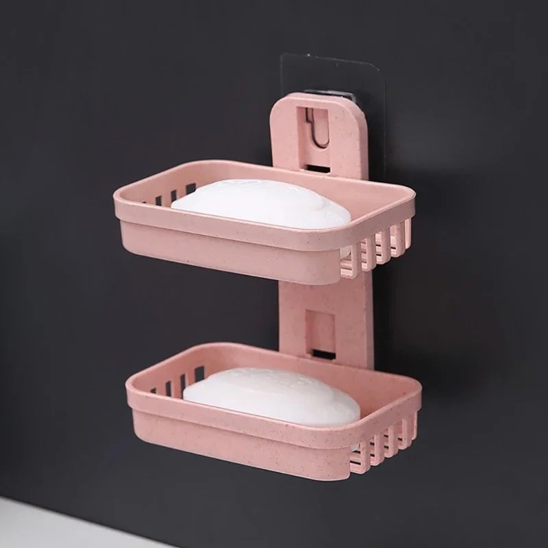 Wall Mounted Double Layer Soap Dish Holder Punch-Free Drawer Draining Holder Kitchen Sponge Storage Box Bathroom Organizer Rack