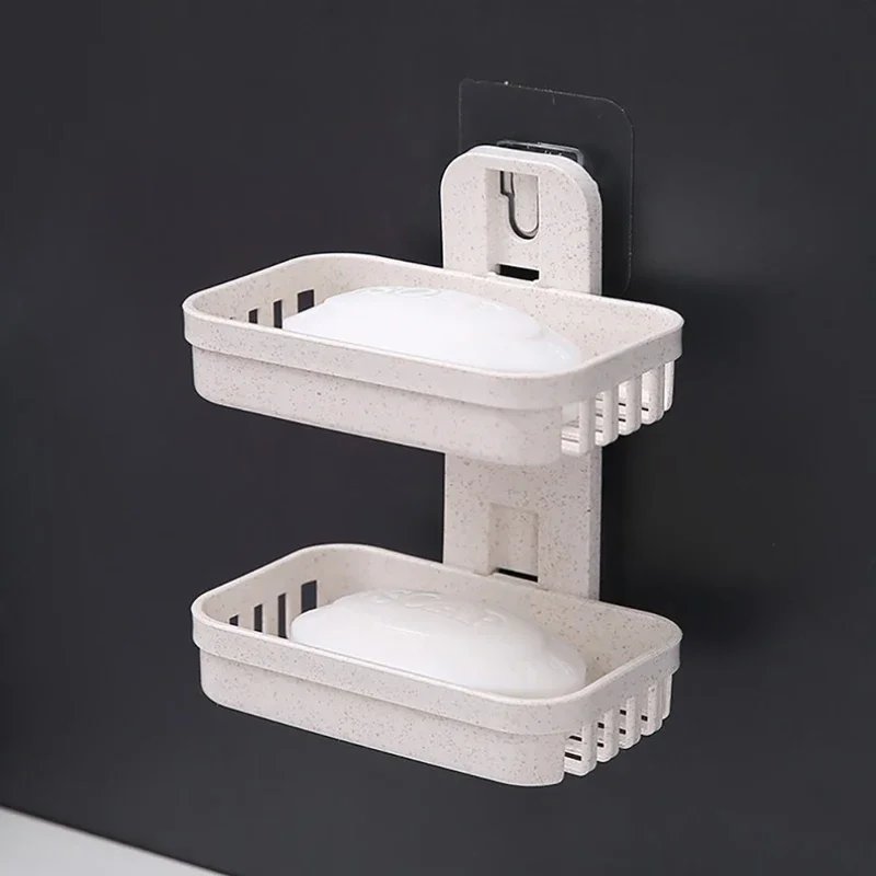 Wall Mounted Double Layer Soap Dish Holder Punch-Free Drawer Draining Holder Kitchen Sponge Storage Box Bathroom Organizer Rack