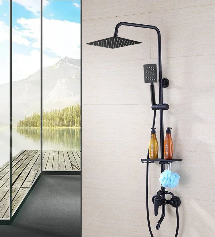 Black Bathroom Shower Home Set Copper  Faucet Wall Mounted Bath   Head