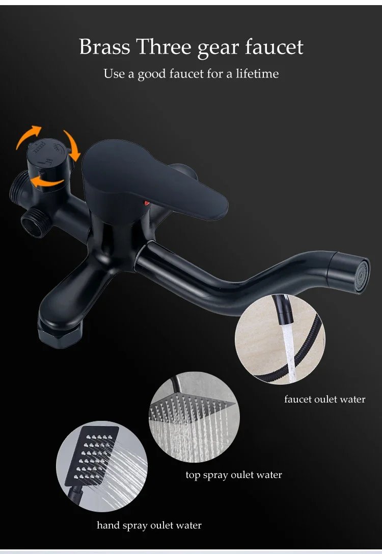 Black Bathroom Shower Home Set Copper  Faucet Wall Mounted Bath   Head