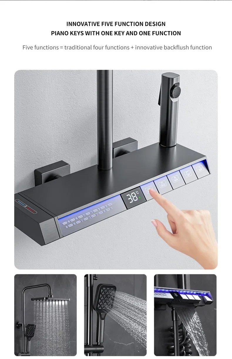 Bath Shower System Set Luxury Faucet Brass Bathroom Smart Digital Display Household Wall Mount Rainfall