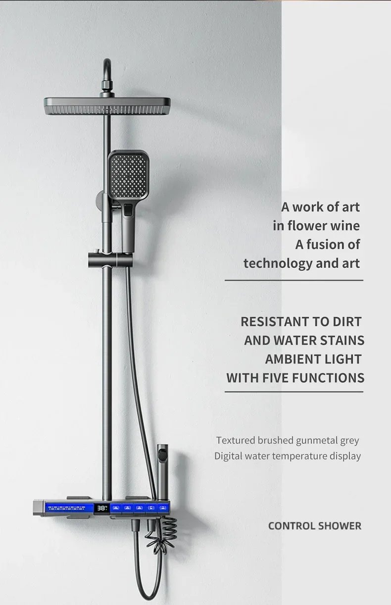 Bath Shower System Set Luxury Faucet Brass Bathroom Smart Digital Display Household Wall Mount Rainfall