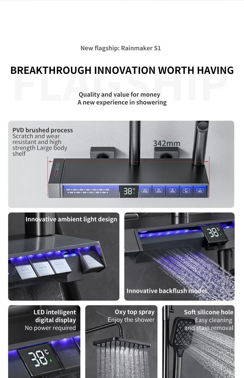 Bath Shower System Set Luxury Faucet Brass Bathroom Smart Digital Display Household Wall Mount Rainfall