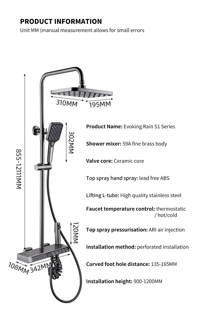 Bath Shower System Set Luxury Faucet Brass Bathroom Smart Digital Display Household Wall Mount Rainfall