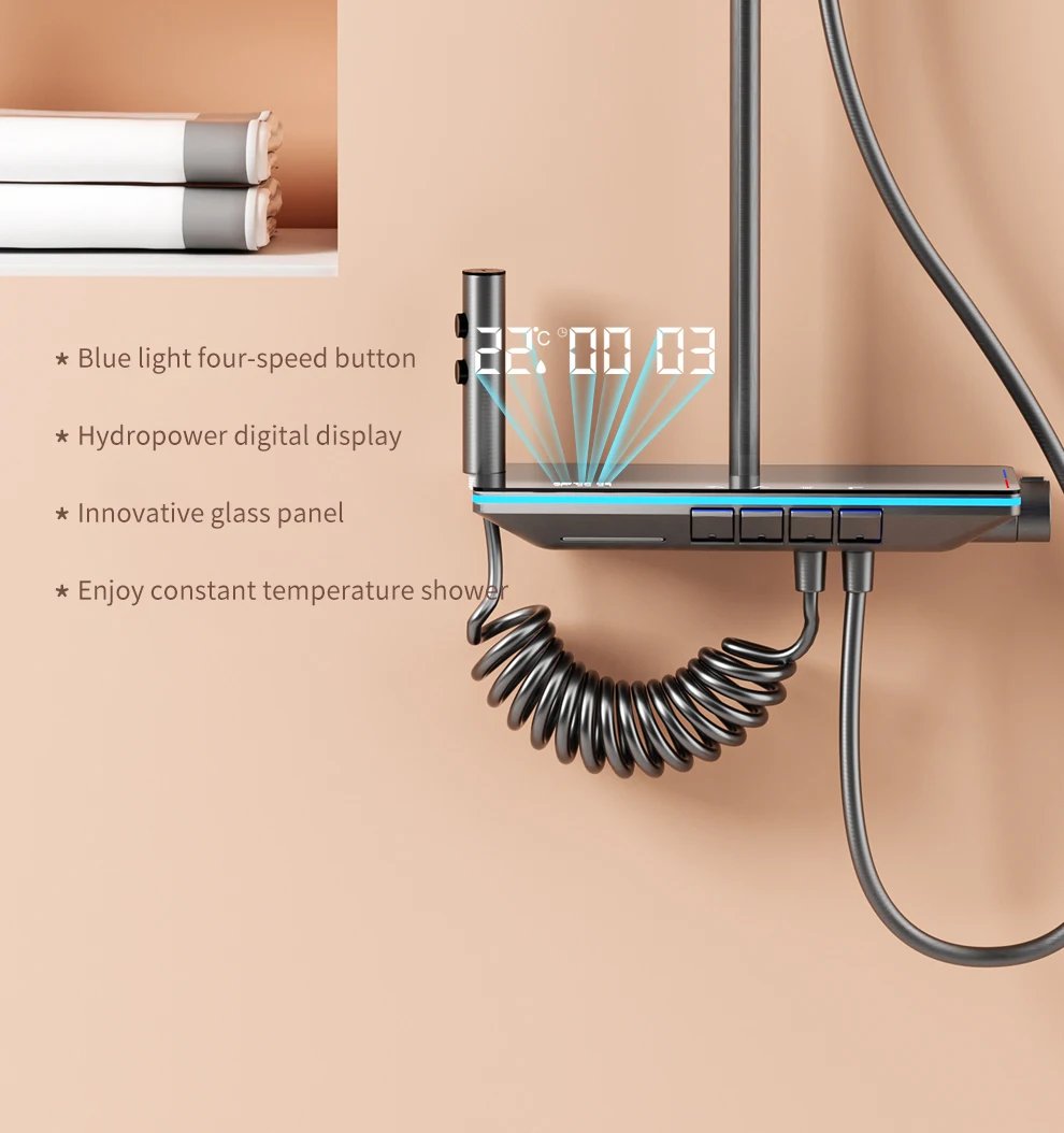 Shower System Thermostat  Faucet for Bathroom Wall Mount Rainfall  Digital Display Modern  Bath  Set