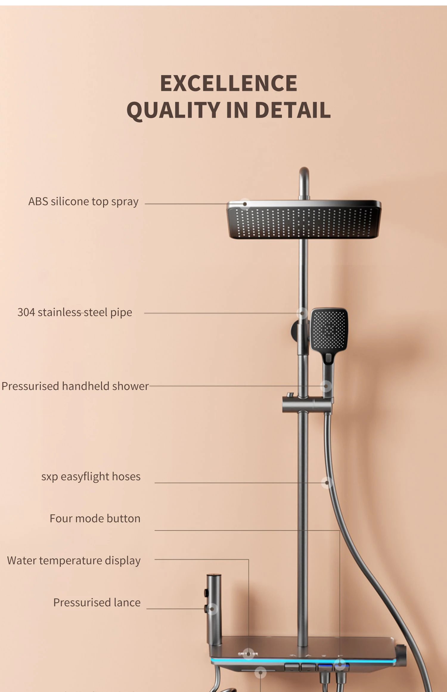 Shower System Thermostat  Faucet for Bathroom Wall Mount Rainfall  Digital Display Modern  Bath  Set