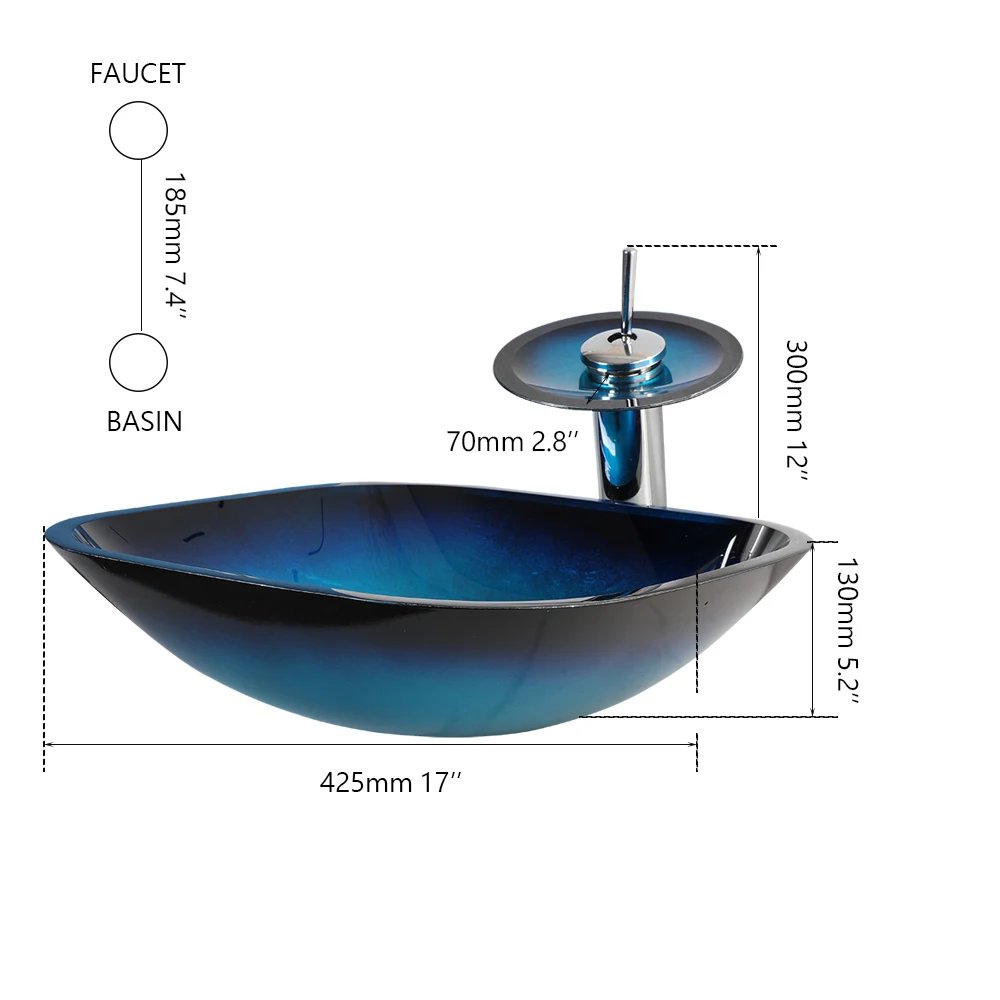Tempered Glass Bathroom Vessel Sink with Waterfall Black Faucet Tap Bathroom Oval Blue Vessel Sinks Above Counter Basin