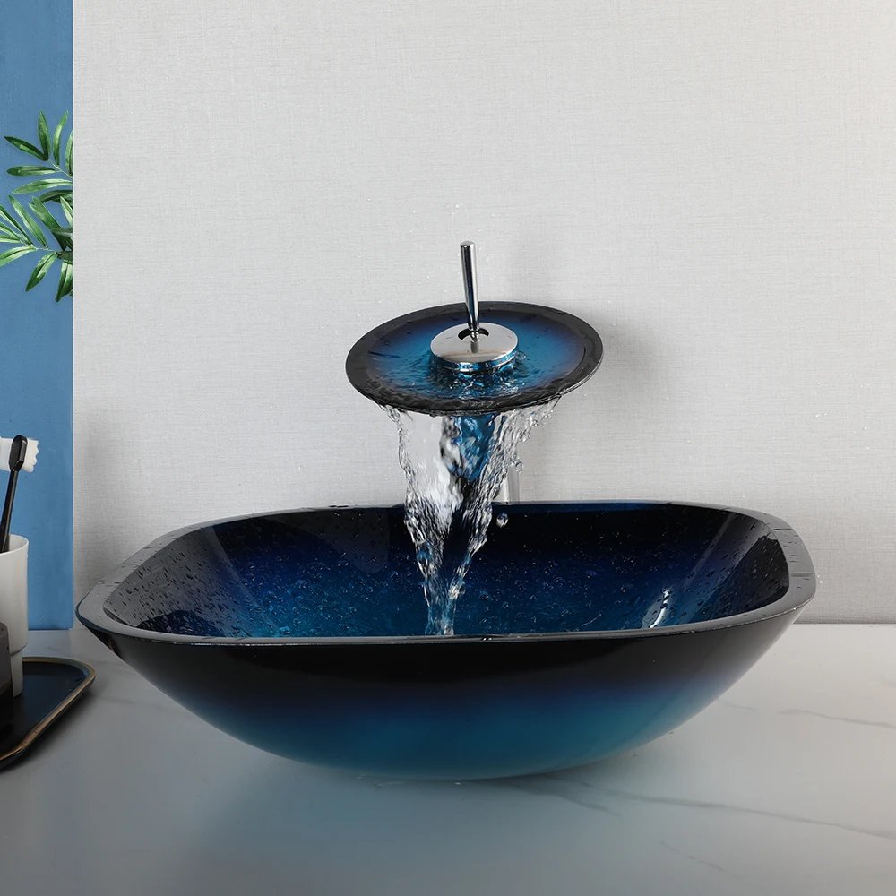 Tempered Glass Bathroom Vessel Sink with Waterfall Black Faucet Tap Bathroom Oval Blue Vessel Sinks Above Counter Basin