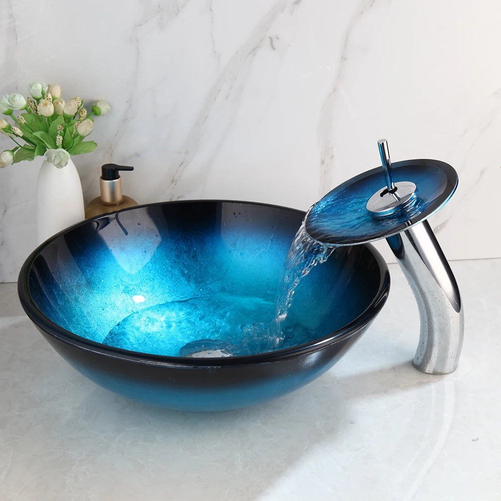 Tempered Glass Bathroom Vessel Sink with Waterfall Black Faucet Tap Bathroom Oval Blue Vessel Sinks Above Counter Basin