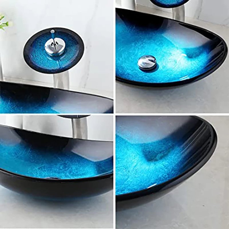 Tempered Glass Bathroom Vessel Sink with Waterfall Black Faucet Tap Bathroom Oval Blue Vessel Sinks Above Counter Basin