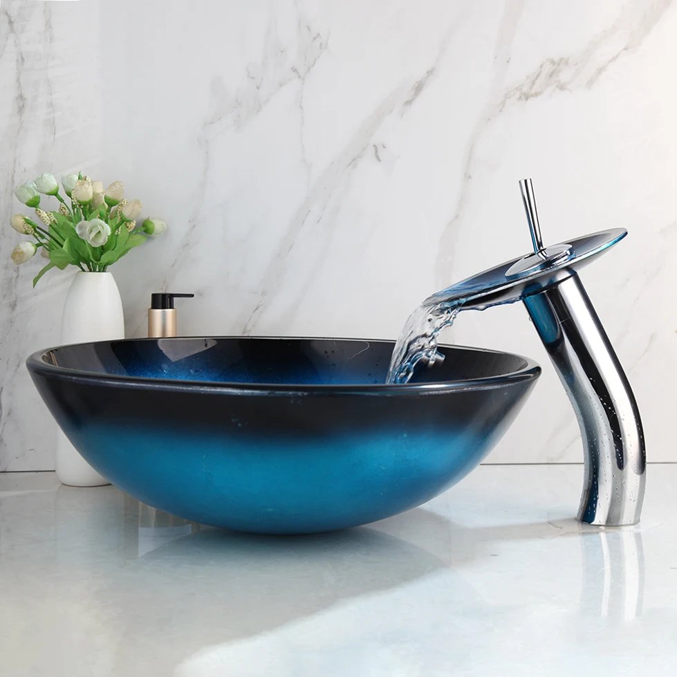Tempered Glass Bathroom Vessel Sink with Waterfall Black Faucet Tap Bathroom Oval Blue Vessel Sinks Above Counter Basin