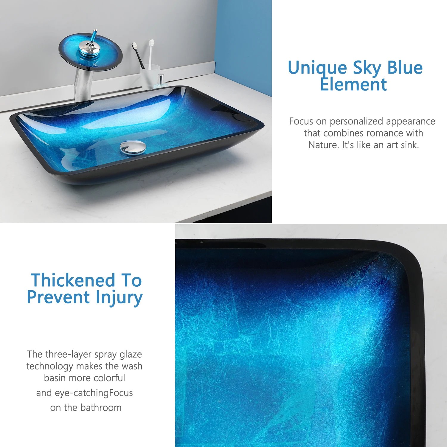 Tempered Glass Bathroom Vessel Sink with Waterfall Black Faucet Tap Bathroom Oval Blue Vessel Sinks Above Counter Basin