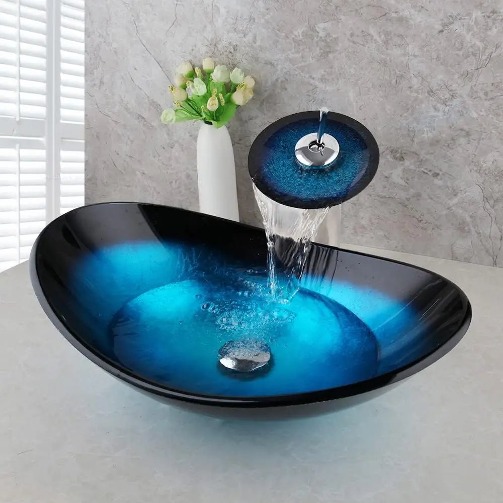 Tempered Glass Bathroom Vessel Sink with Waterfall Black Faucet Tap Bathroom Oval Blue Vessel Sinks Above Counter Basin